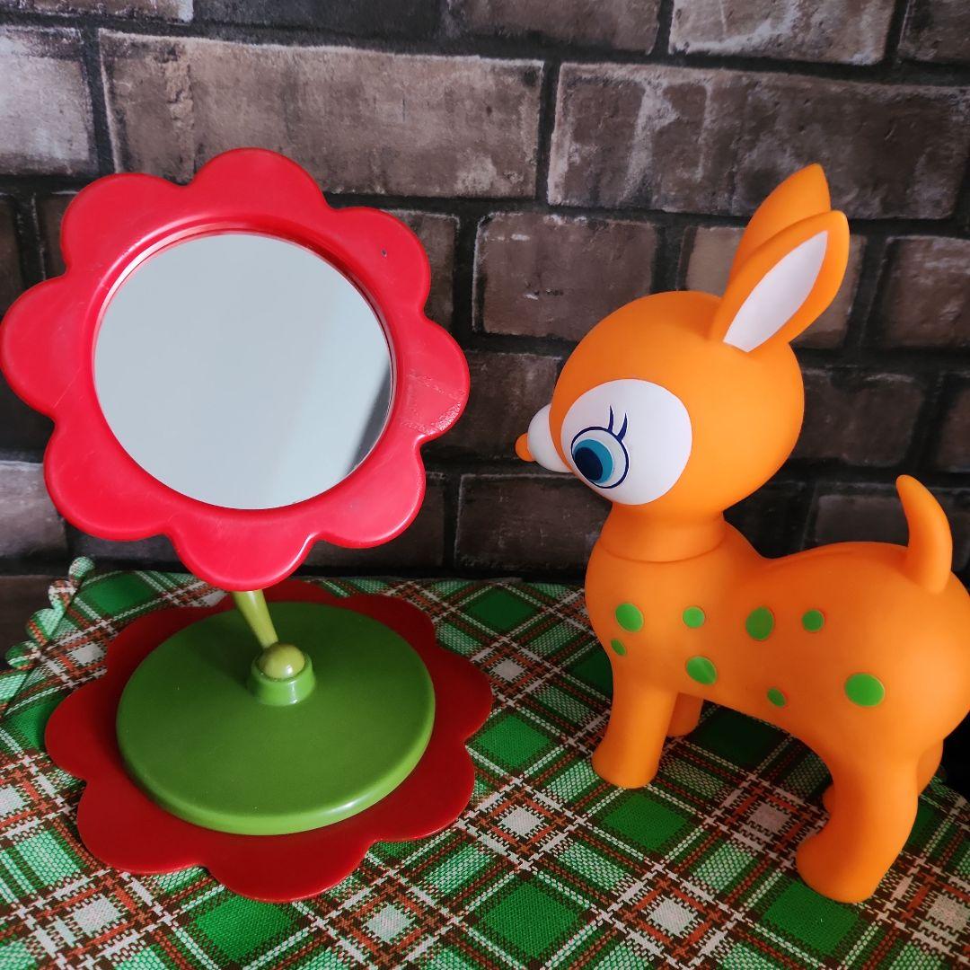 ☘️昭和レトロポップ☘️オレンジ色の子鹿貯金箱&フラワーミラー