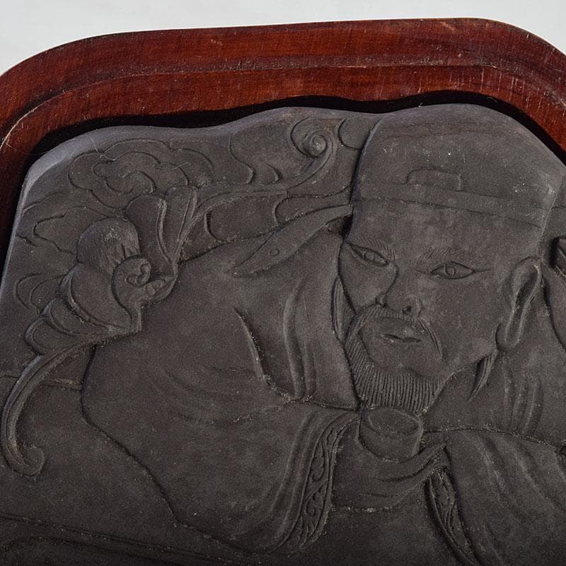 中国　書道具　人物文　端渓硯　唐木箱付　M　R9602