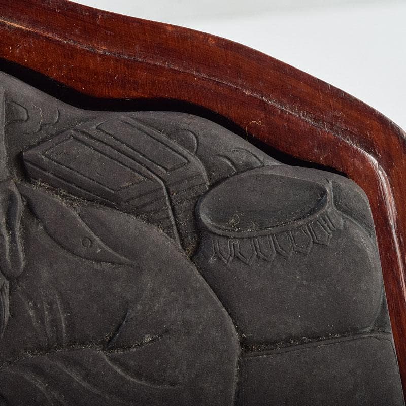 中国　書道具　人物文　端渓硯　唐木箱付　M　R9602