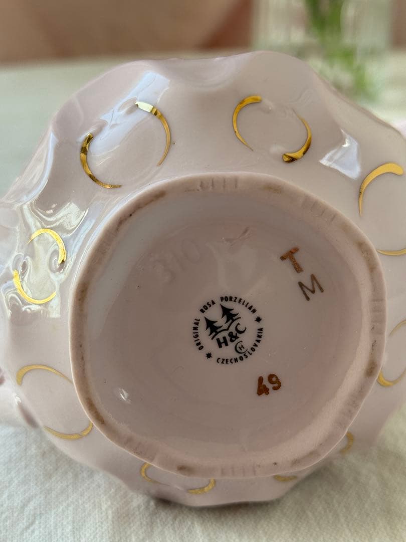希少 チェコ製 H&C アンティーク ピンク 豪華花瓶 金彩