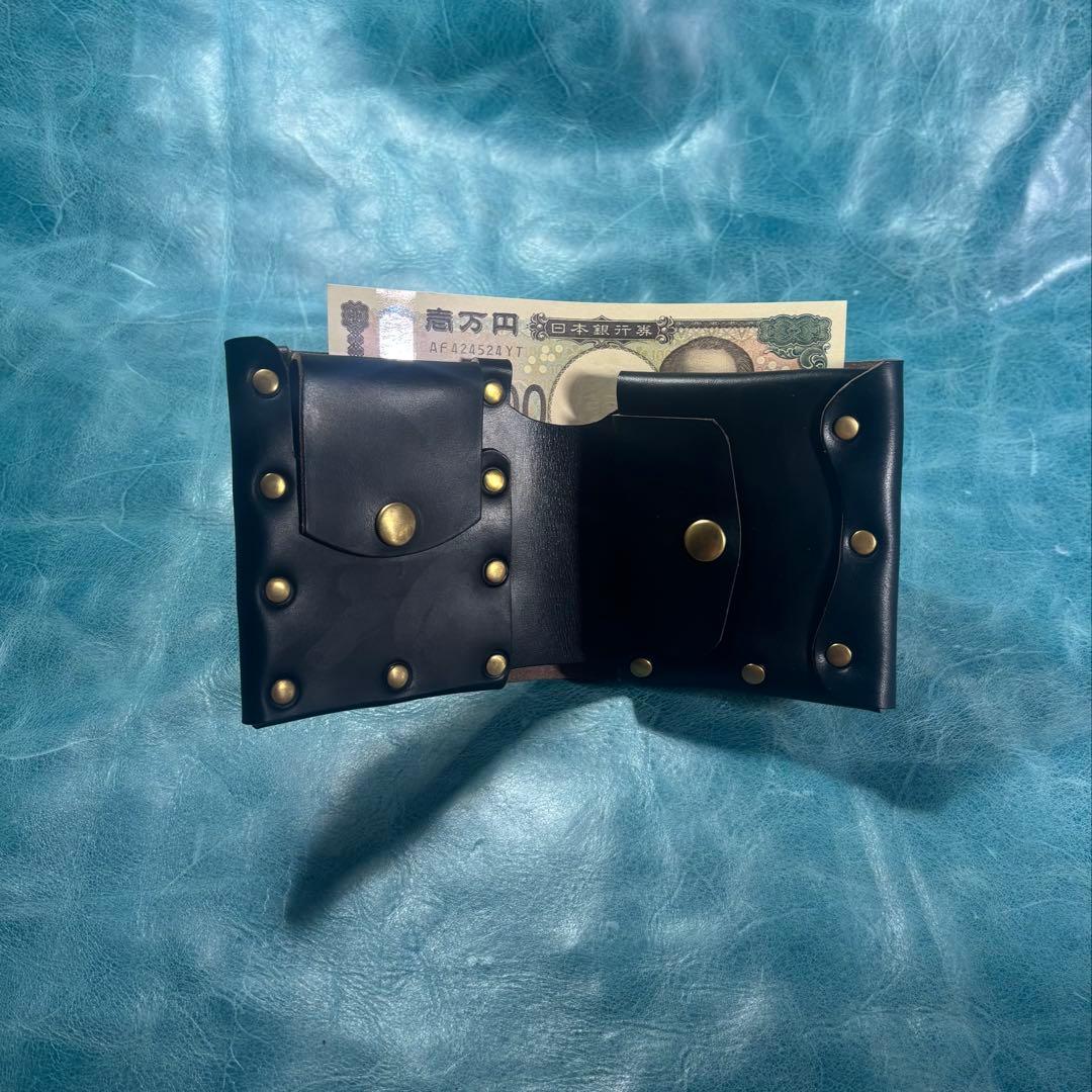 ハンドメイド　二つ折り　革財布　クロムエクセル　黒色　真鍮　cx-hw-000