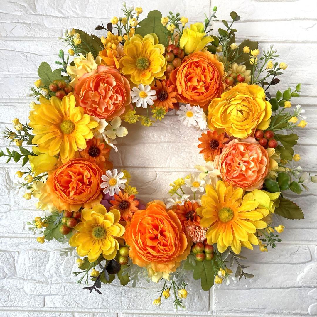 大サイズ♥︎ブルーベリーのオレンジフラワーリース♥︎玄関　ナチュラル　春　造花