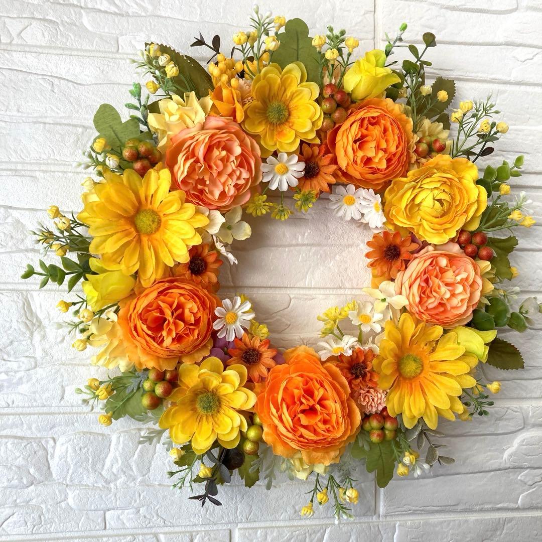 大サイズ♥︎ブルーベリーのオレンジフラワーリース♥︎玄関　ナチュラル　春　造花