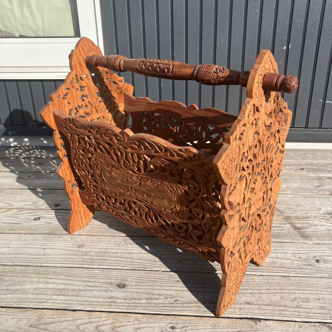 アンティーク 象嵌細工 彫刻 木製マガジンラック レトロ ビンテージヴィンテージ