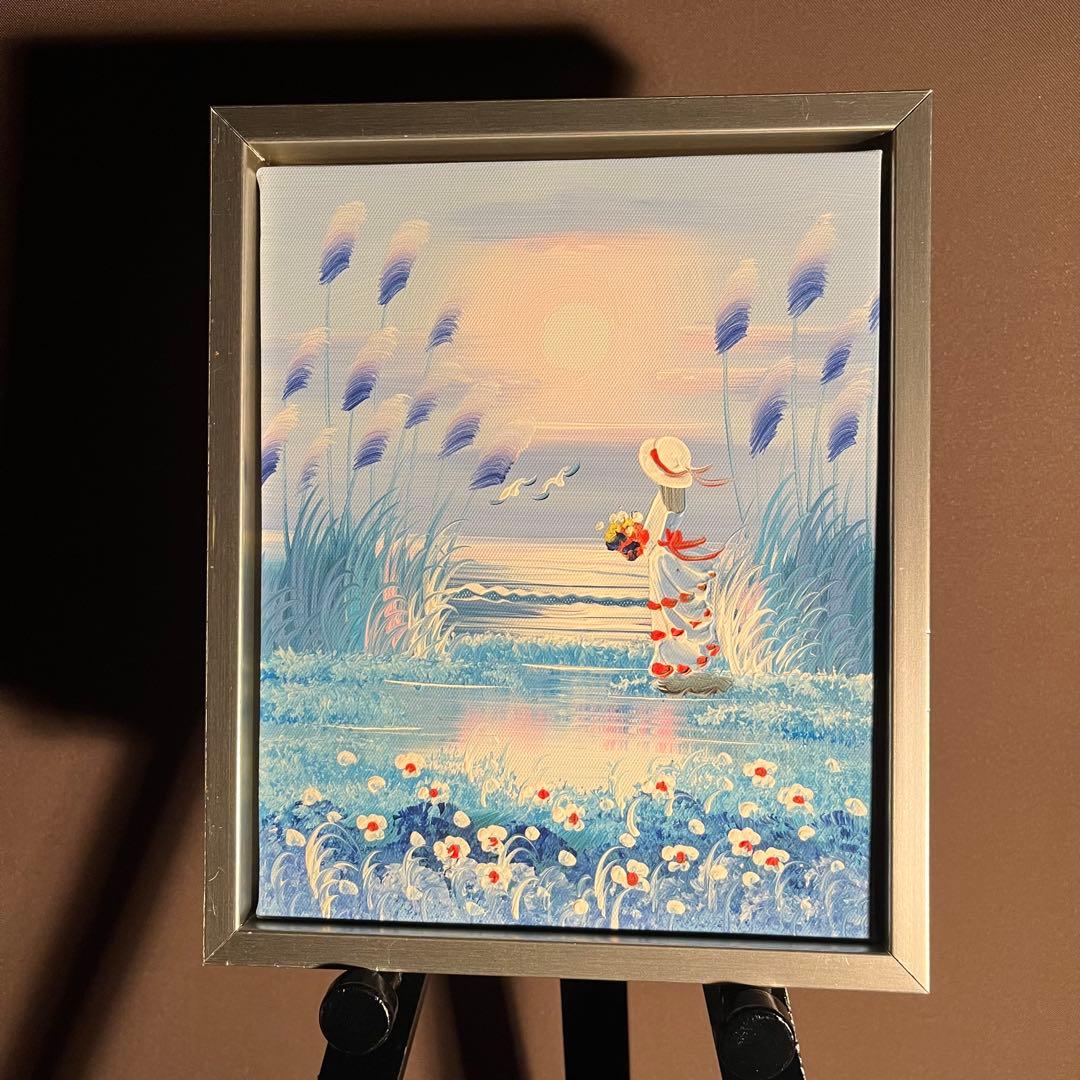 手書き油絵 海を眺める少女 額付 絵画 インテリア 油彩画
