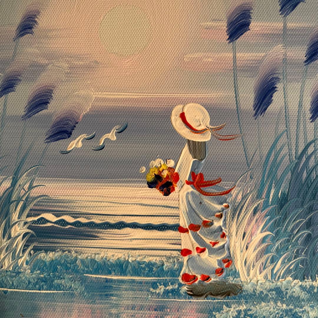 手書き油絵 海を眺める少女 額付 絵画 インテリア 油彩画