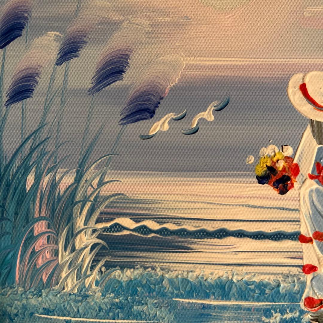 手書き油絵 海を眺める少女 額付 絵画 インテリア 油彩画