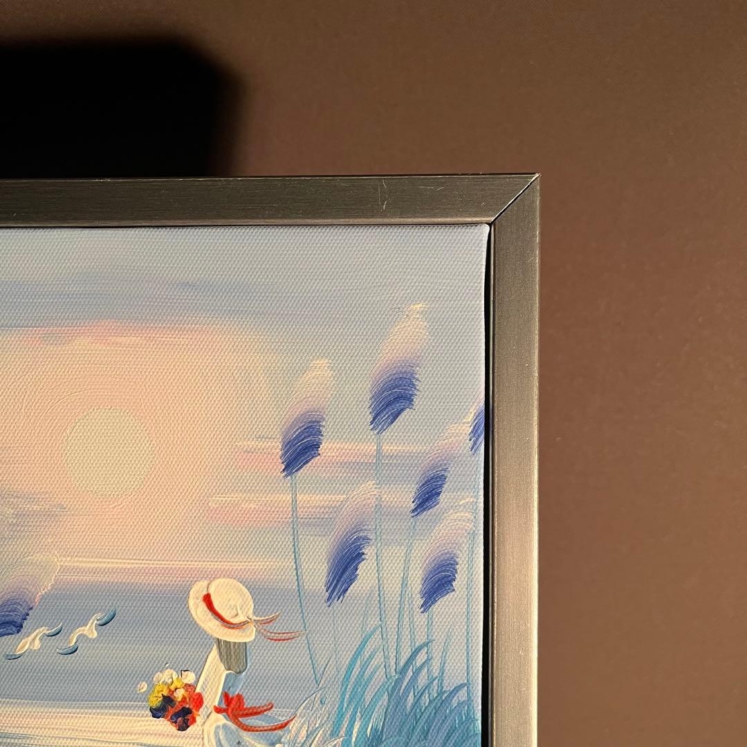 手書き油絵 海を眺める少女 額付 絵画 インテリア 油彩画