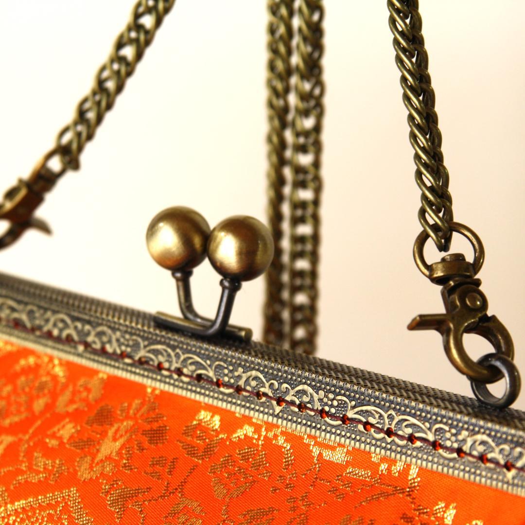 金箔帯をリメイクしたがま口バック/着物にも洋服にも合う/帯リメイクバッグ