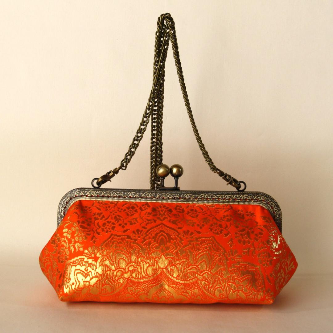 金箔帯をリメイクしたがま口バック/着物にも洋服にも合う/帯リメイクバッグ