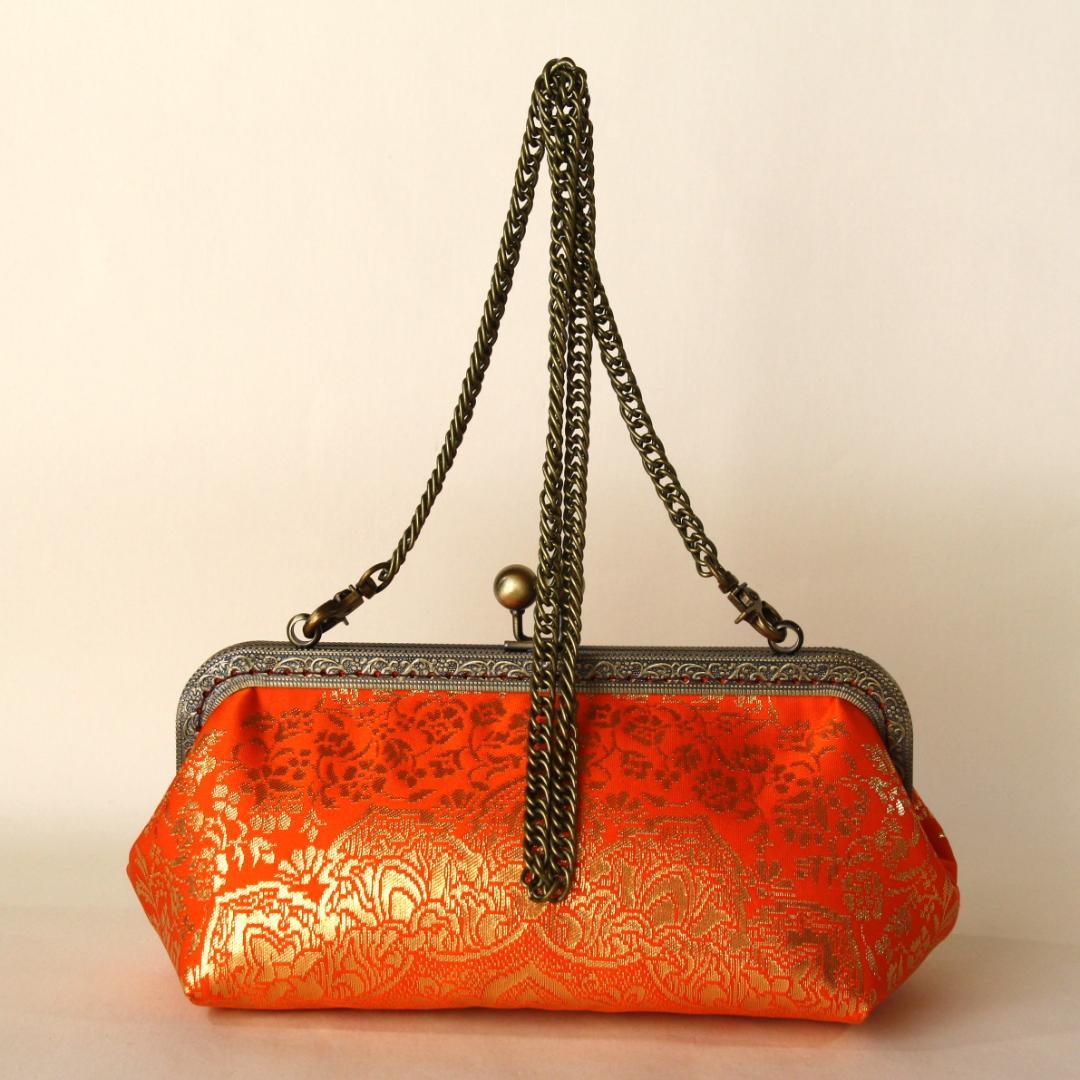 金箔帯をリメイクしたがま口バック/着物にも洋服にも合う/帯リメイクバッグ