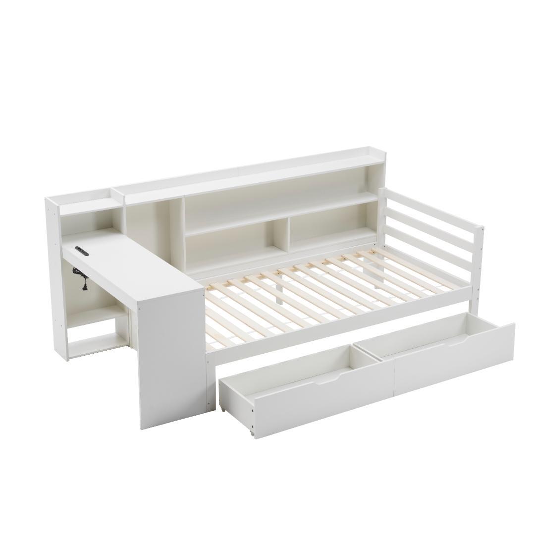 【新品】パイン材システムベッド 階段&デスク付き 収納充実 北欧風 ホワイト