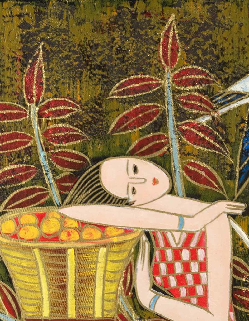 丁紹光　油彩　肉筆『ゴールドドリーム』サイン　裏サイン　F10号　額無　b308