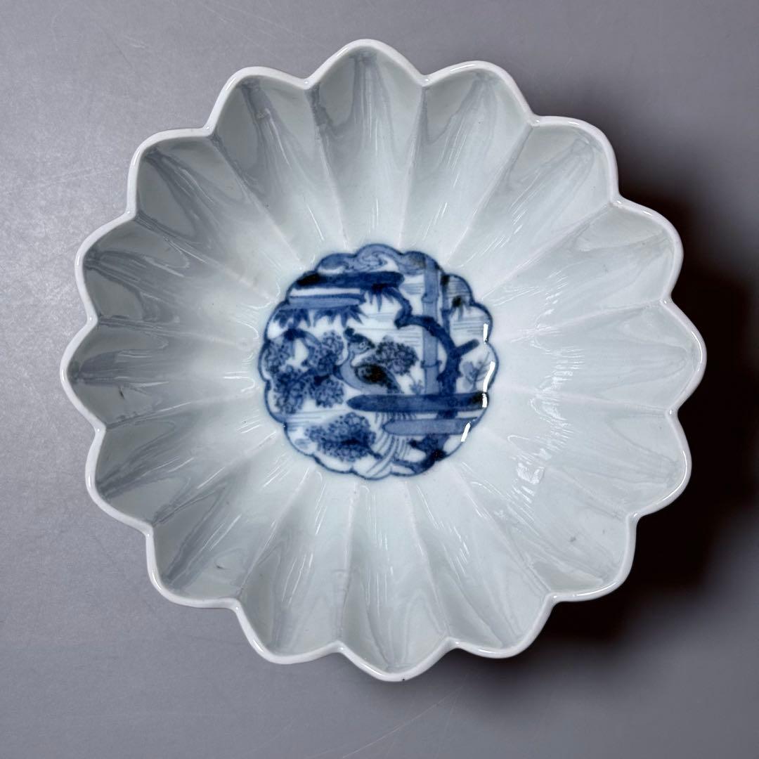 江戸中期〜後期　古伊万里　藍九谷花鳥図菊花形向付　五点　最上手　特注桐箱　共布