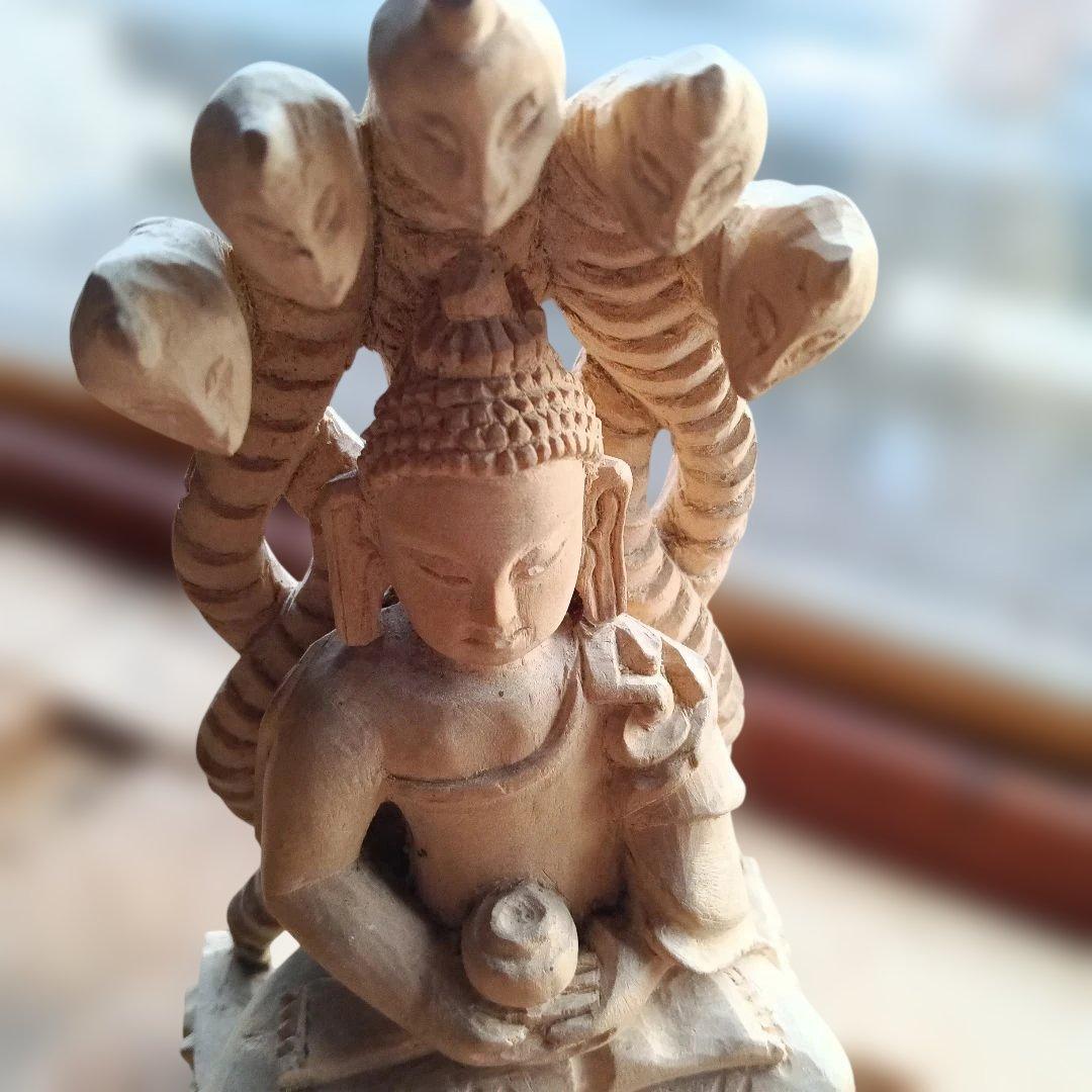 12.神、木製仏像 蛇の彫刻付き 約20cm、珍しい極小品