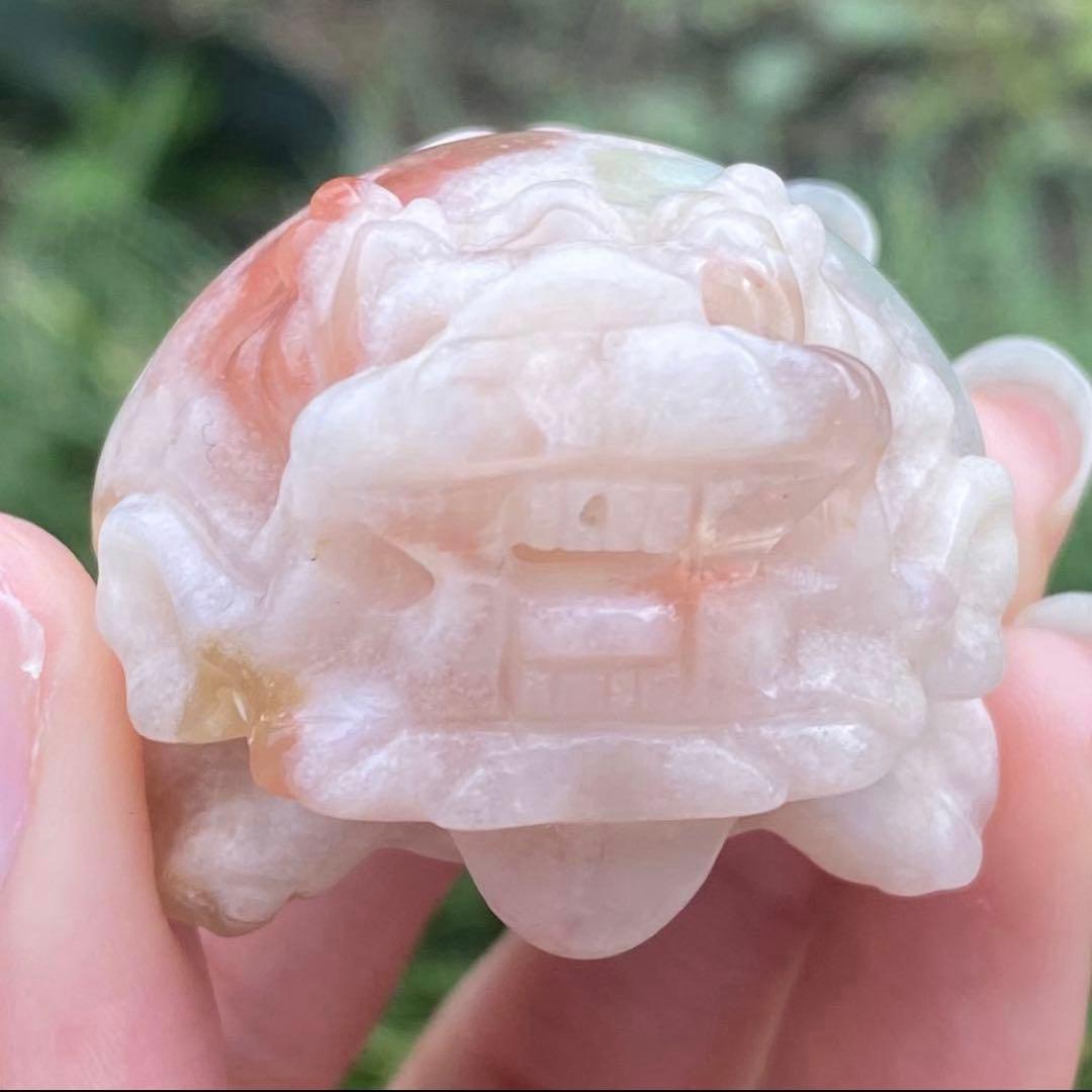 希少 グリーン桜瑪瑙 フラワーアゲート チェリーブロッサム 龍亀 天然石 置物