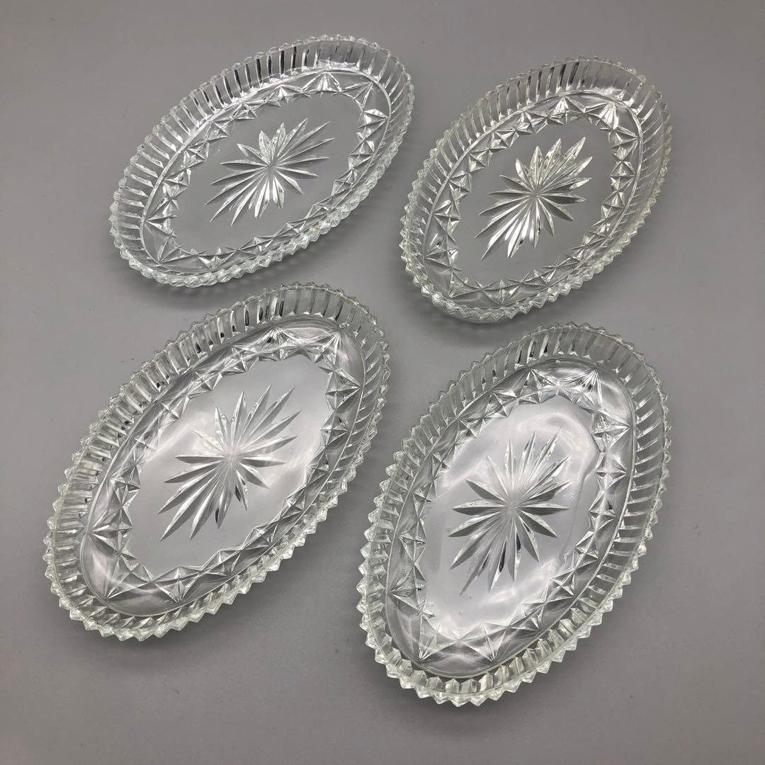 昭和レトロクリスタルカットガラスお皿&HOYA小物入れ&矢来切子グラスセット