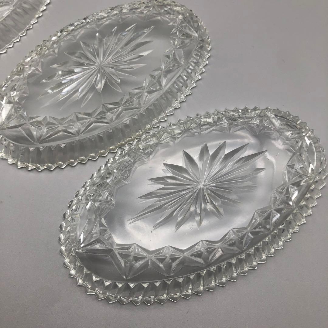 昭和レトロクリスタルカットガラスお皿&HOYA小物入れ&矢来切子グラスセット