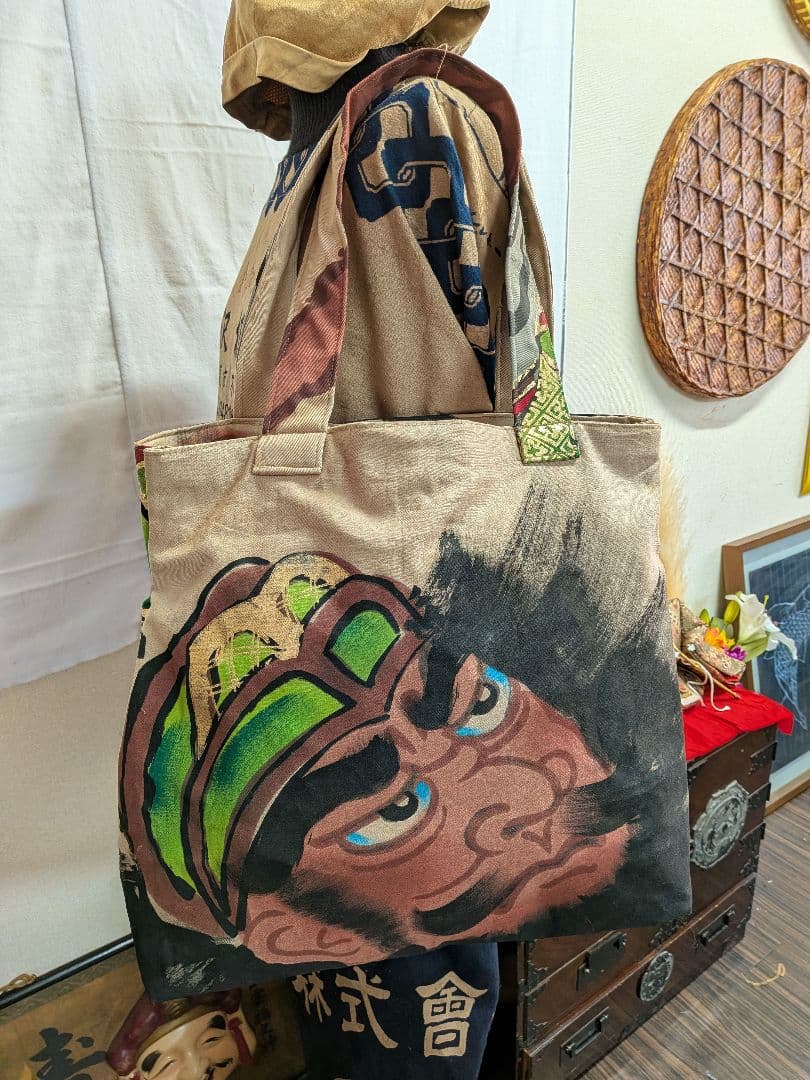 のぼり旗（鐘馗様柄）の柿渋染めトートバッグ　　古布リメイク