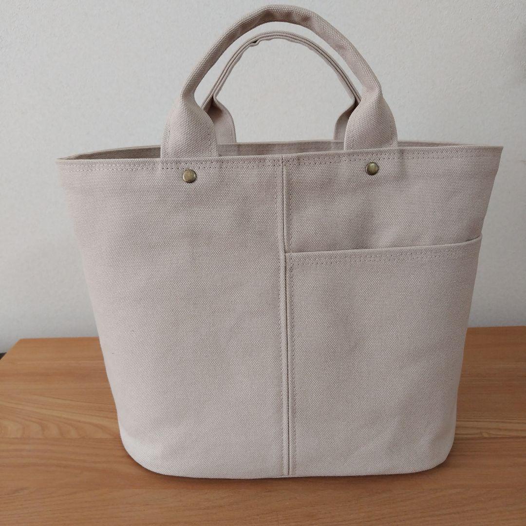 ハンドメイドトートバック、前後ポケット付き、楕円底&ベルトラウンドS