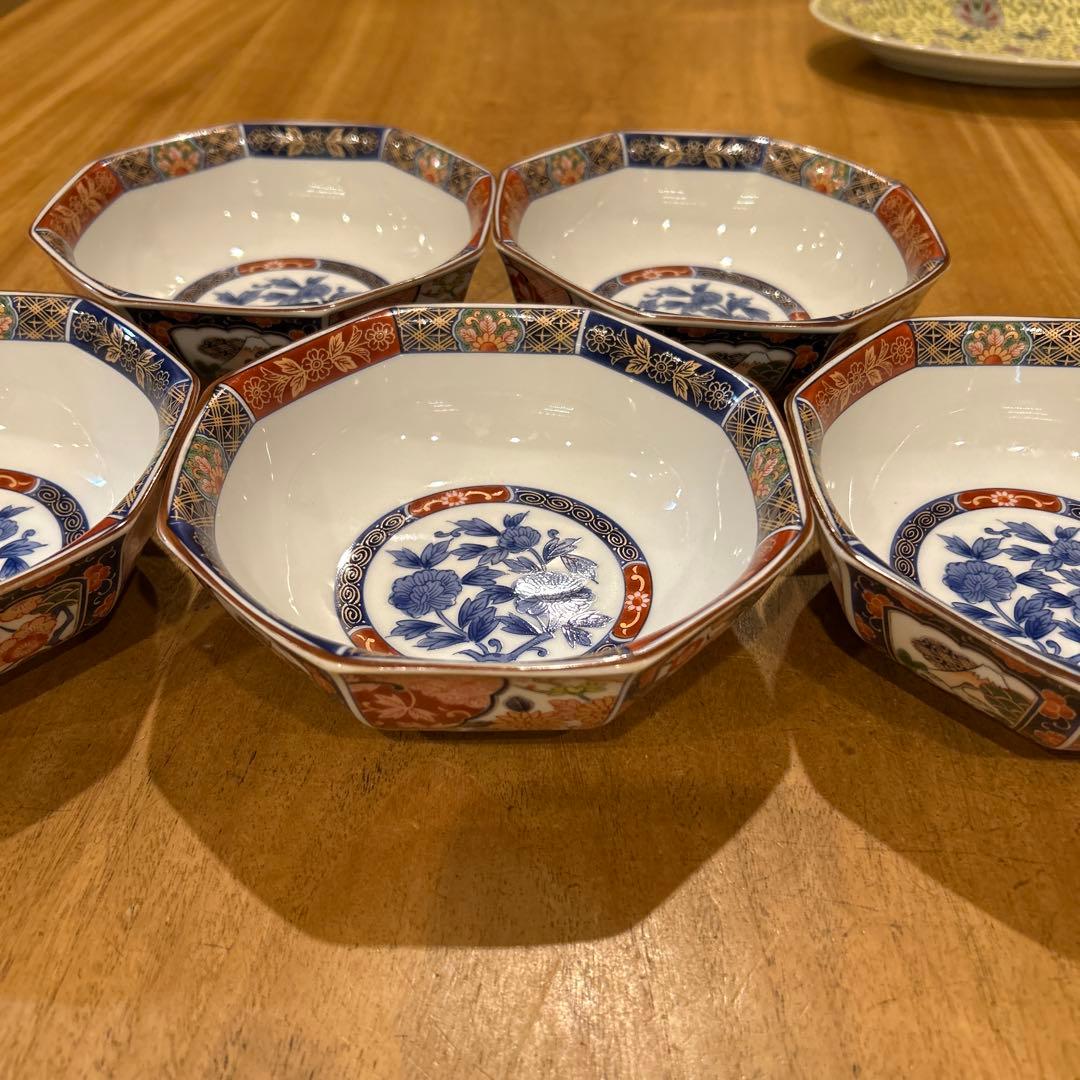 有田焼　林斎窯　古伊万里　金彩錦絵　八角鉢　5枚