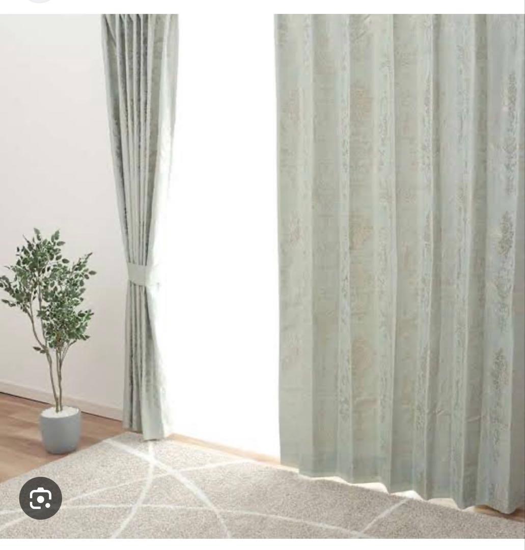 青緑 花柄 ドレープカーテン