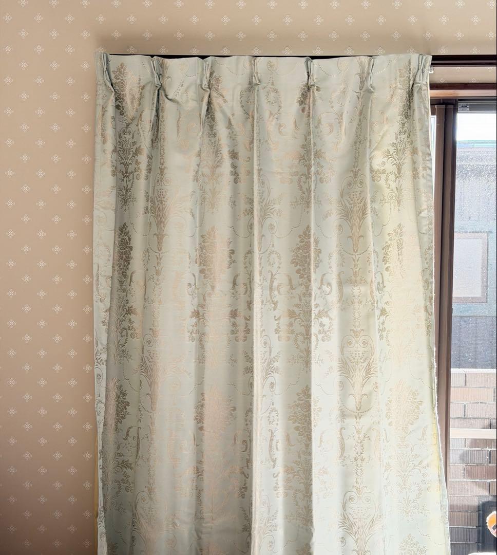 青緑 花柄 ドレープカーテン