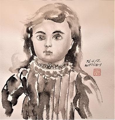 伊藤和生　「アンテークドール」　水墨画　　真作