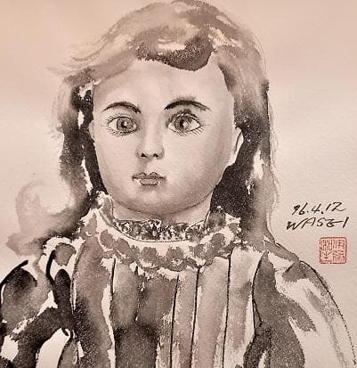 伊藤和生　「アンテークドール」　水墨画　　真作