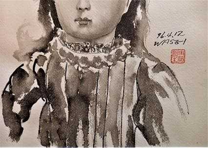 伊藤和生　「アンテークドール」　水墨画　　真作
