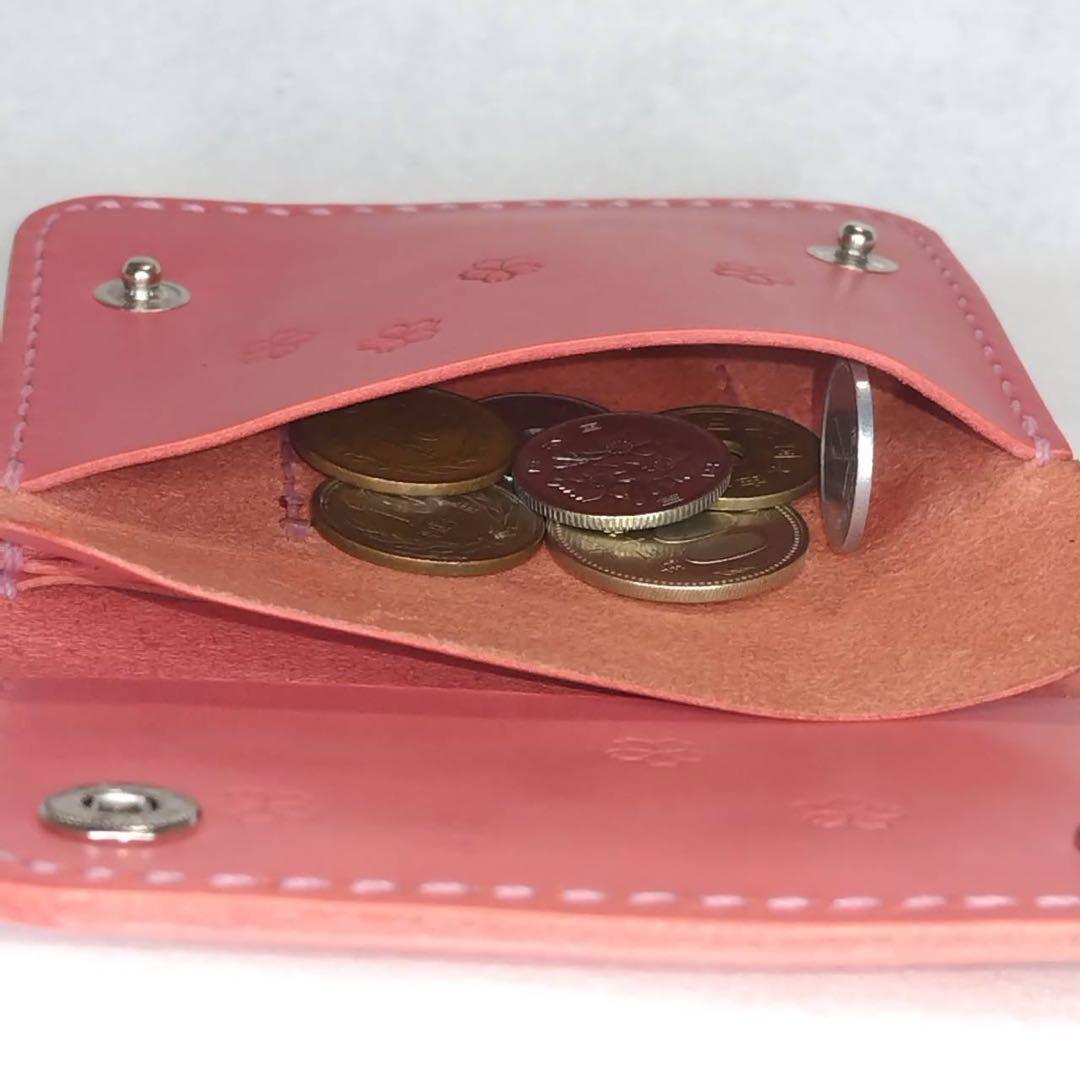 【ハンドメイド】総手縫い ヌメ革のウォレット（ピンク）サクラ刻印　革財布