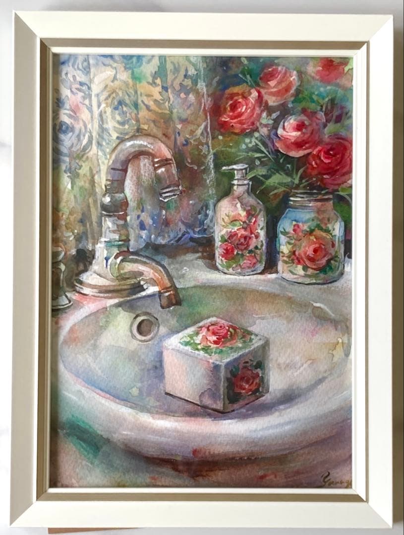 水彩画 原画 薔薇の石鹸