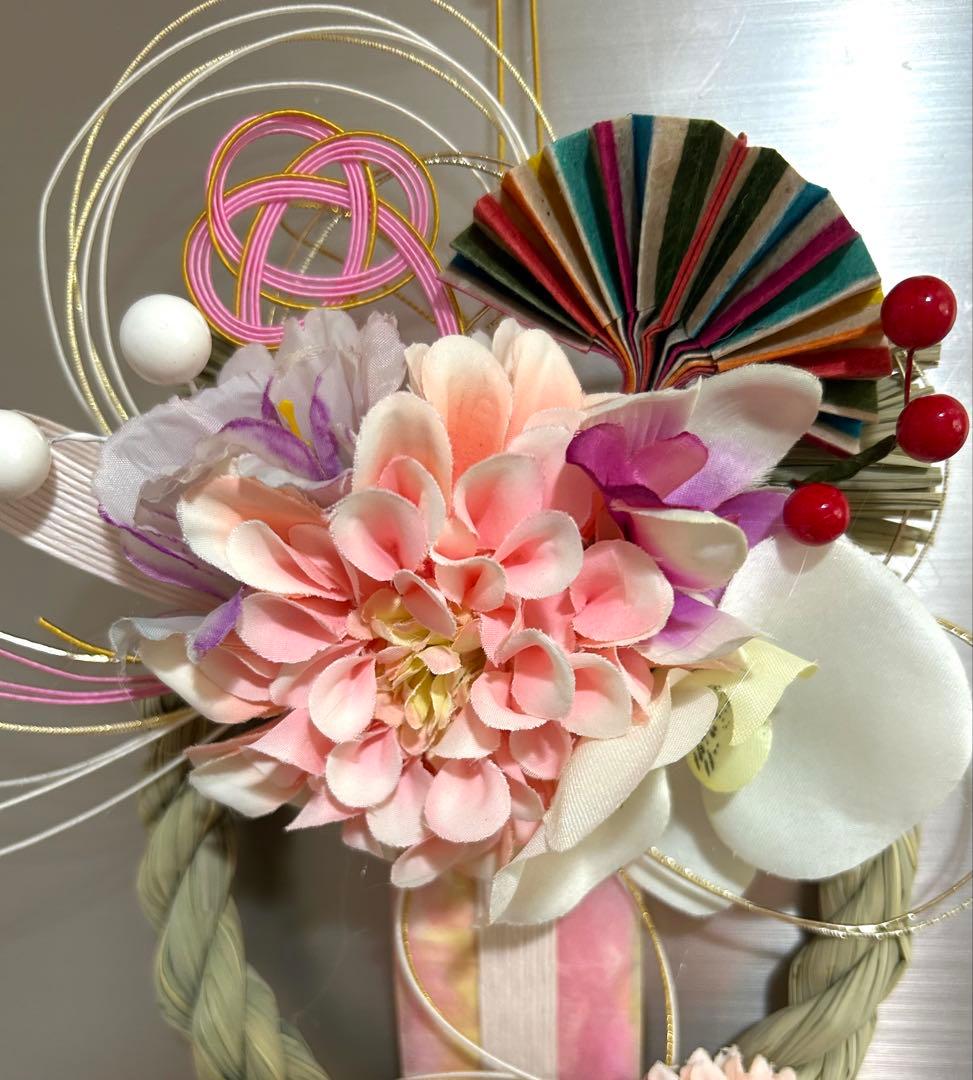 «845»お正月お洒落しめ縄*ピンクカラー*京都和紙*お花*お祝い新年*1点もの