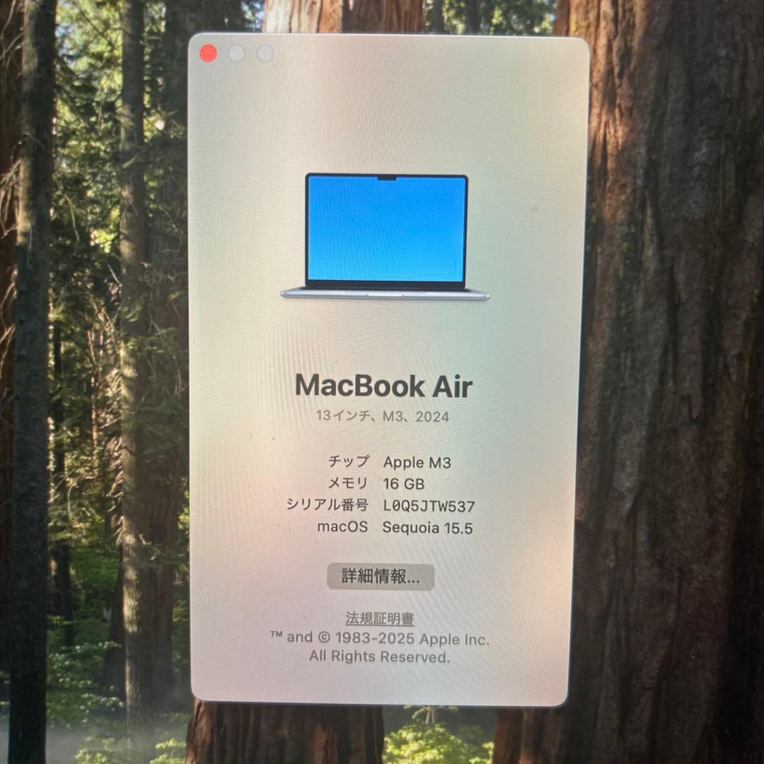 Macbook air M3 13インチ 16GB/SSD512GB