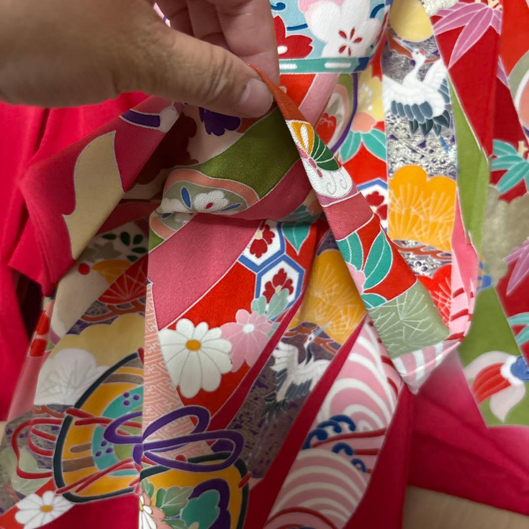 七五三 女の子 三歳 祝着 赤系 豪華友禅柄　正絹着物