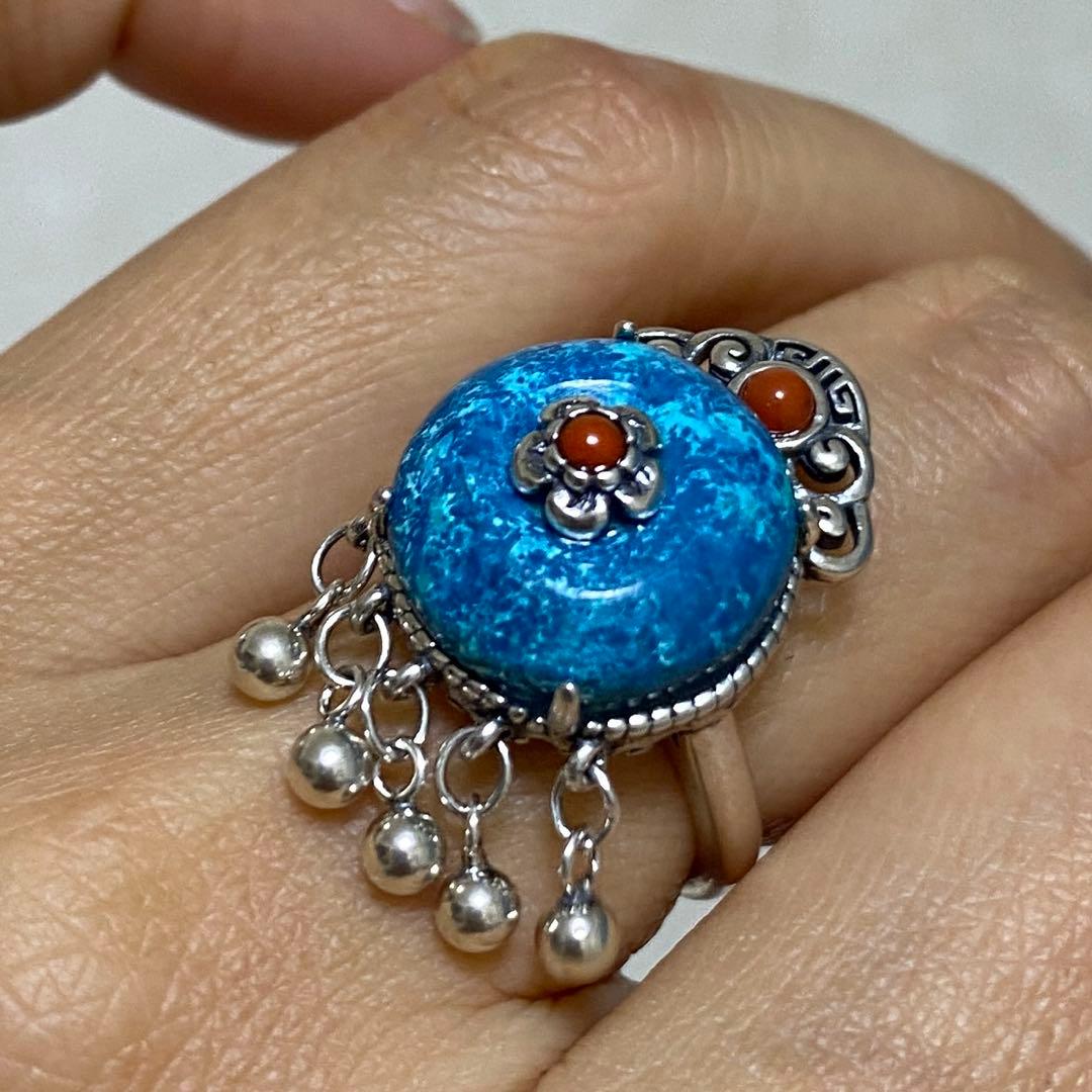 【50%OFF】天然石リング　クリソコラ　青　ナンホーンメノウ　SV925刻印