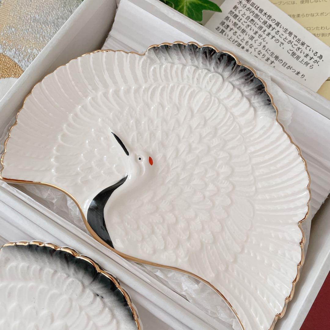 箱入り 鶴彫 銘々皿揃 5枚セット 鶴型 扇型 金彩 小皿 縁起物 正月