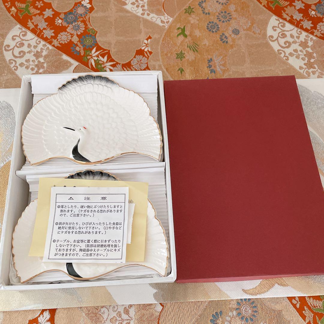 箱入り 鶴彫 銘々皿揃 5枚セット 鶴型 扇型 金彩 小皿 縁起物 正月