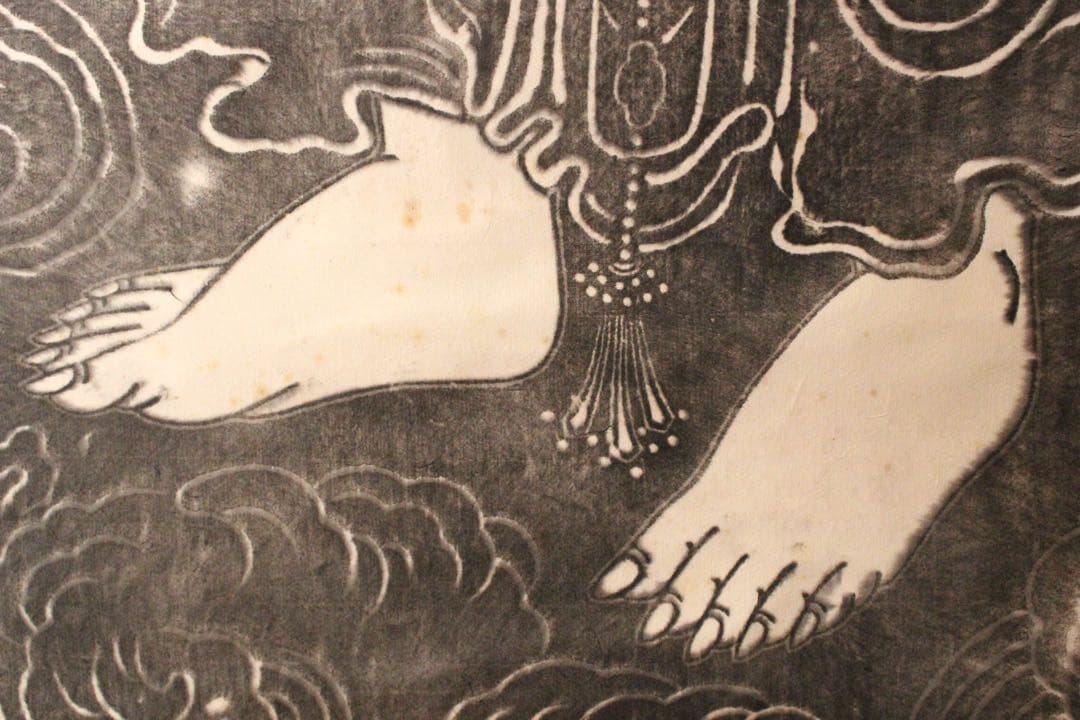 4460掛軸　印刷工芸　唐呉道子　観音菩薩像　中華南海普陀山立石　合箱　送料無料