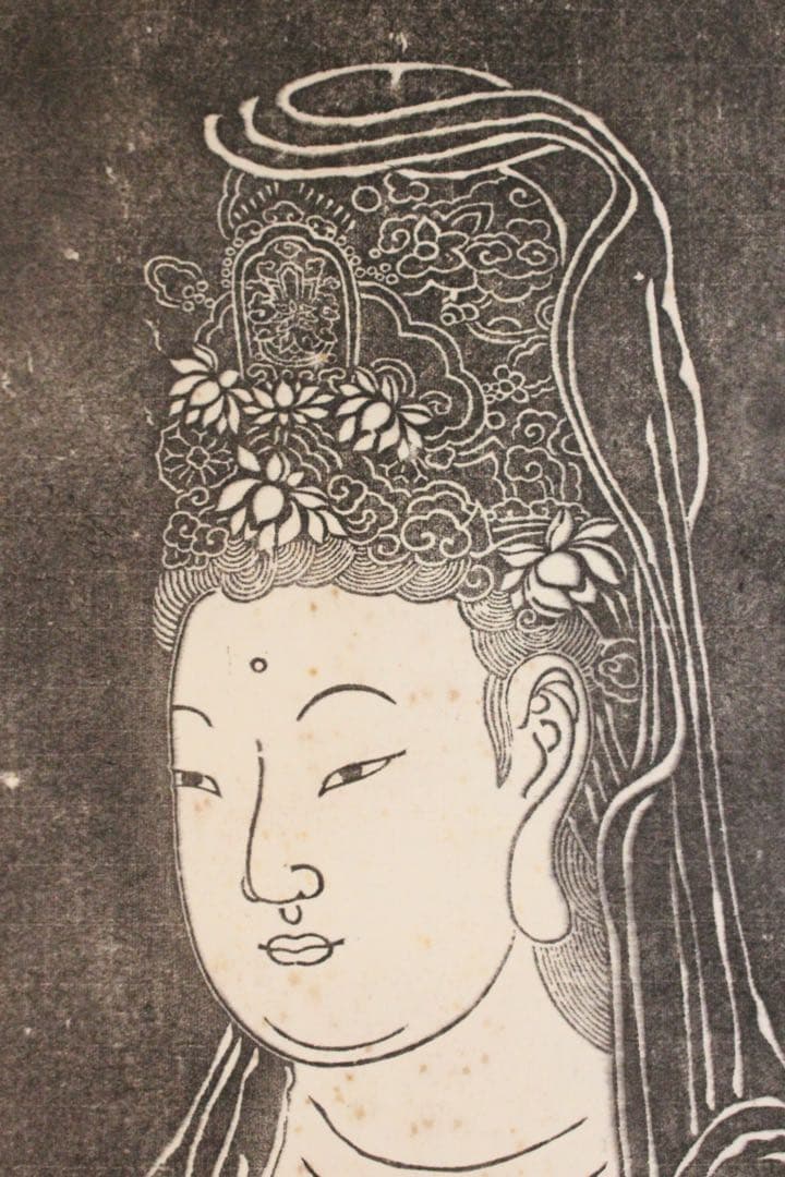 4460掛軸　印刷工芸　唐呉道子　観音菩薩像　中華南海普陀山立石　合箱　送料無料