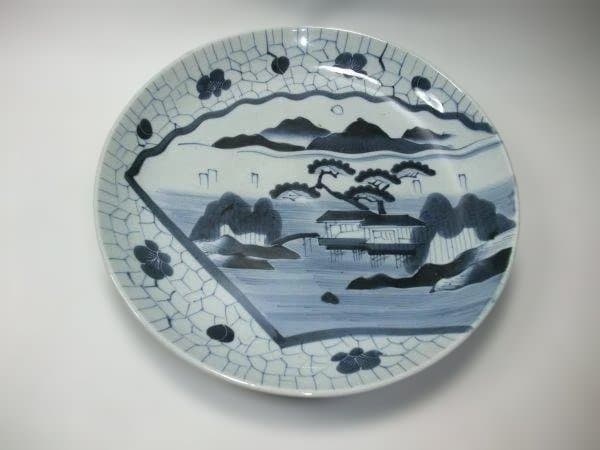 古い 伊万里 染付 山水 大皿 35cm 骨董(江戸期～明治期)骨董