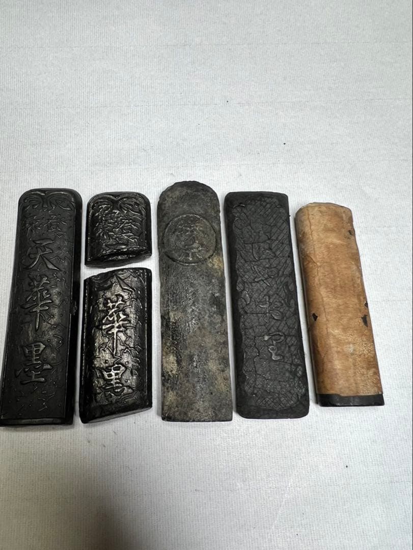 大正昭和レトロ天然古墨5点 100年骨董墨擦割有