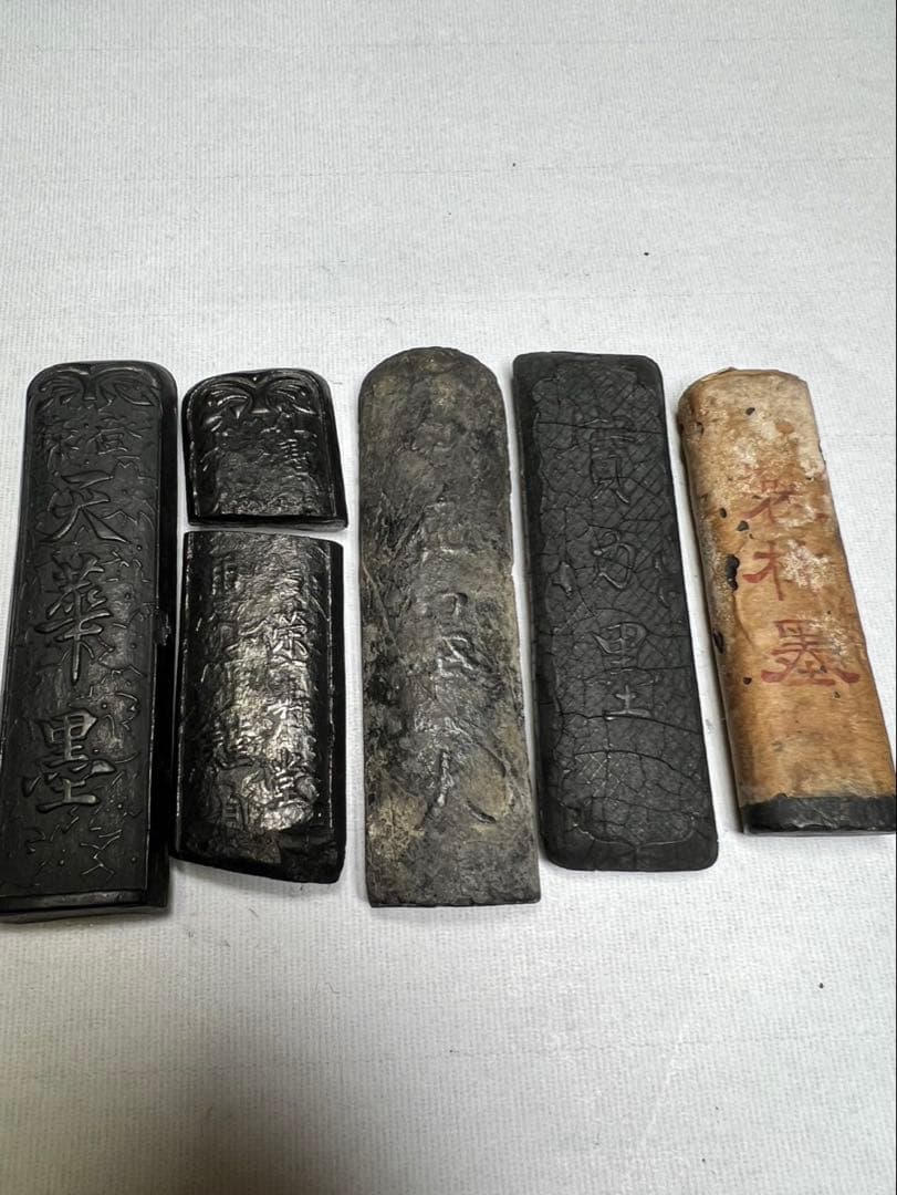 大正昭和レトロ天然古墨5点 100年骨董墨擦割有