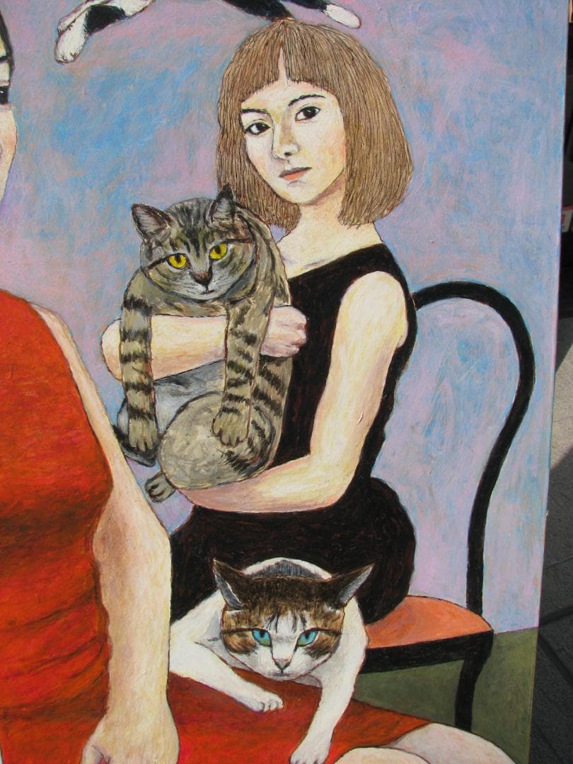 堀口敏男「猫カフェⅡ」20号アクリル,全日本アートサロン絵画大賞展作,猫好き様へ