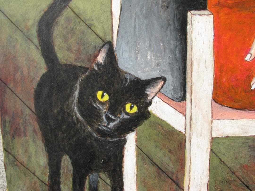 堀口敏男「猫カフェⅡ」20号アクリル,全日本アートサロン絵画大賞展作,猫好き様へ