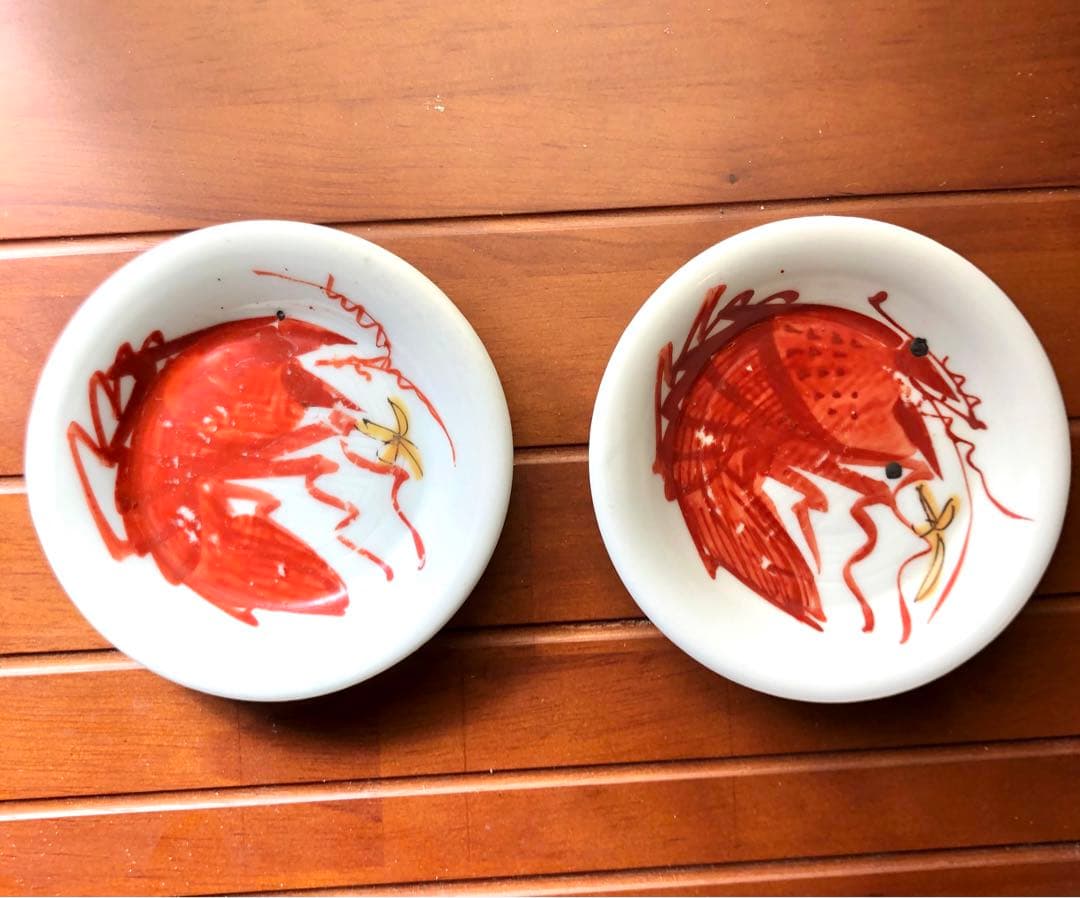赤 海老小皿　蝦豆皿 4枚　色絵 絵付 印文 絵皿　骨董　伊万里 古伊万里 台湾