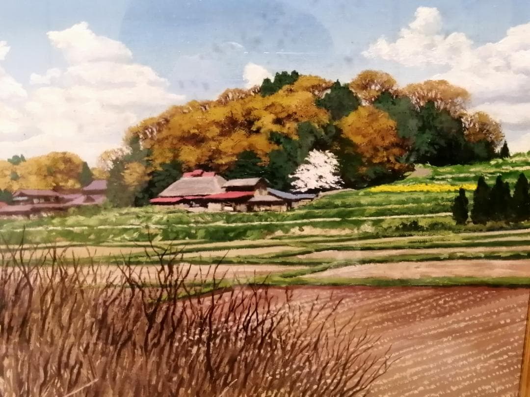 青山嵩作　額入り油彩画田 園風景