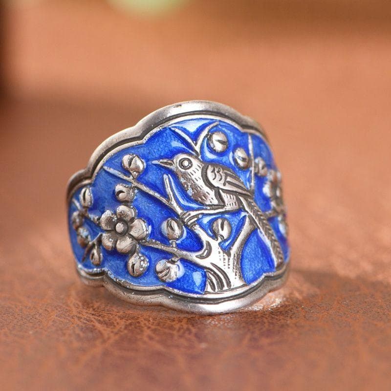 梅の花と鳥のリング - 日本の美しい自然を表現した作品 R227