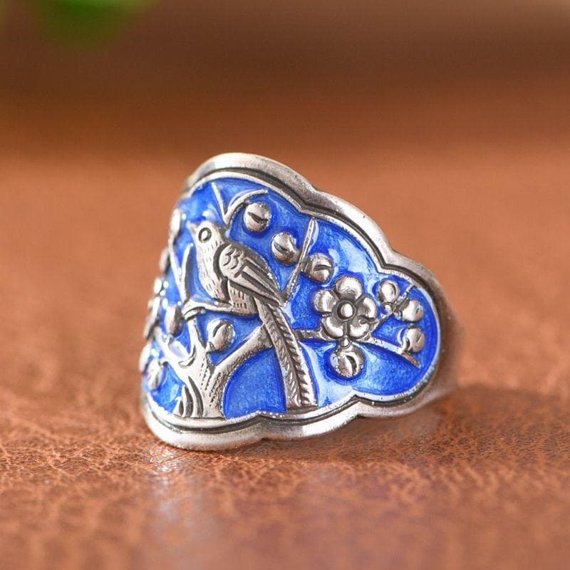 梅の花と鳥のリング - 日本の美しい自然を表現した作品 R227