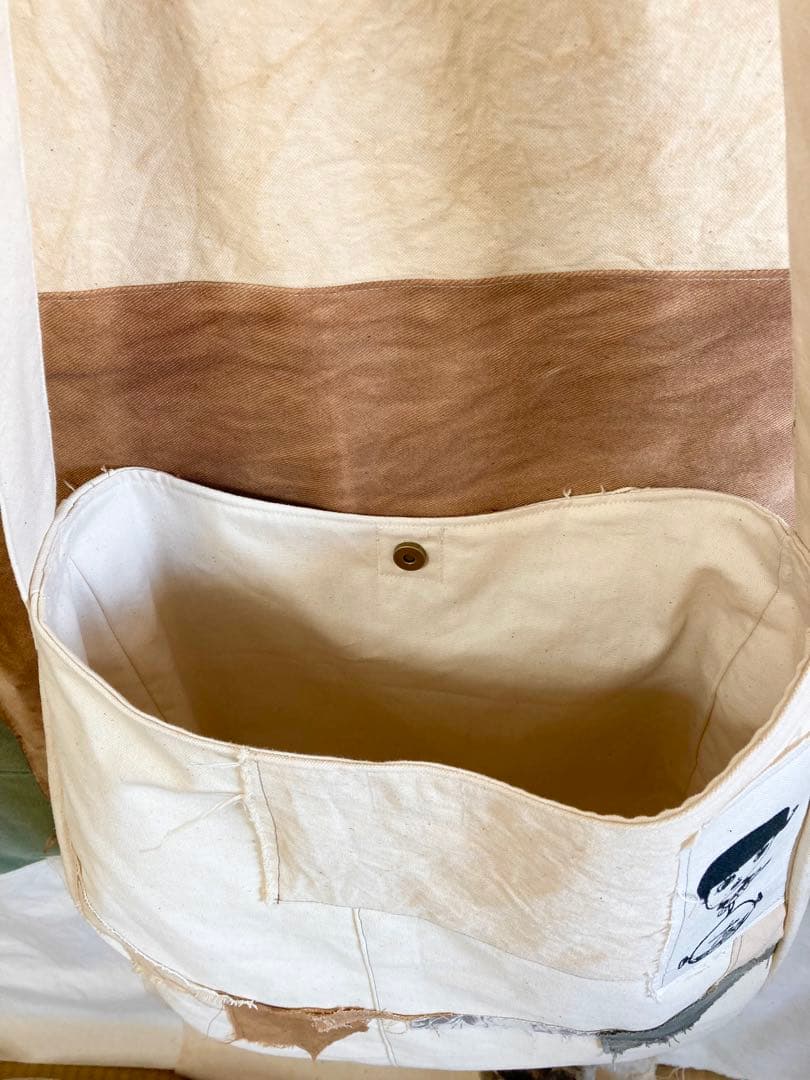 ハンドメイド　ショルダーバック帆布生地　柿渋染め　オリジナルイラスト